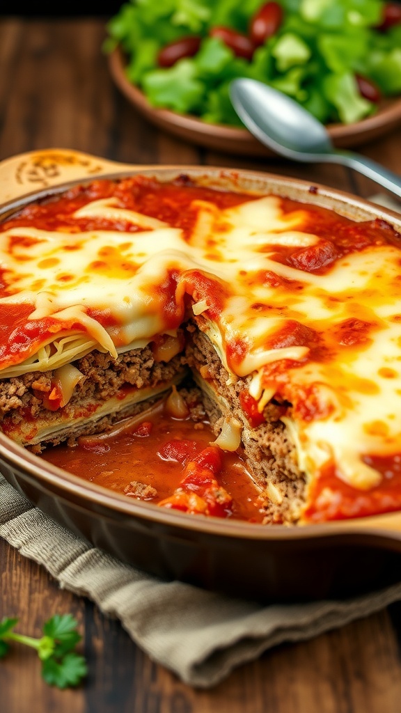 Low carb unstuffed cabbage casserole with ground meat, cabbage, tomato sauce, and melted cheese in a baking dish.
